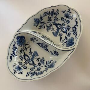 Vintage Blue Danube Japan Blue Onion Oval Divided Serving Bowl 11" Boxed Mark
